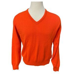 Vintage Bright Orange men V neck sweater - Size L Made in USA, Fall, Winter